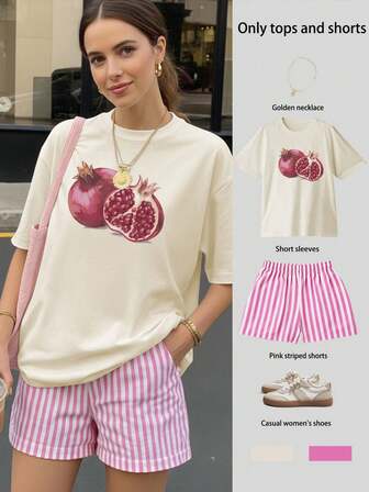 Conjunto de pantalones cortos y parte superior de mujer con estampado de granada y rayas, de manga corta, para verano. Ideal para Año Nuevo Chino, Año Nuevo Lunar, Año del Caballo, Festival de Primavera, Feliz Año Nuevo, Día de San Valentín, regalo para ella.