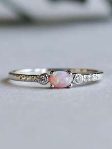 最新款银色蛋白石戒指：精致圆形戒圈，镶嵌立方氧化锆 - 銀色 - 查看 1