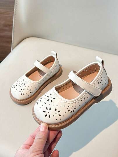 1 Pair Girls Breathable Hollow Leather Floral Hook And Loop Fashionable Shoes, Children Girls Casual Minimalist Slip-On Shoes