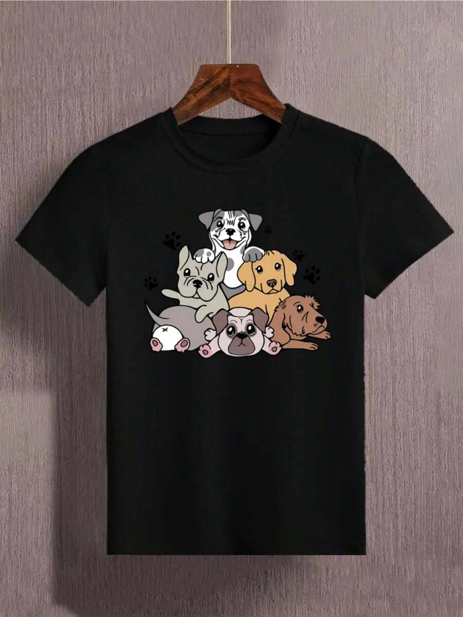 Camiseta informal de manga corta para niño con divertida ilustración de razas de perros - Camiseta ligera y cómoda para el verano, cuello redondo blanco, diseño moderno y divertido, ropa para niños preadolescentes. - Negro - Ver 1