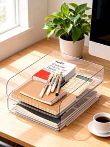 Juego de 2 bandejas de almacenamiento de escritorio, bandejas de acrílico transparente para documentos, bandejas apilables para papel, ideales para accesorios de escritorio, notas adhesivas, bolígrafos, documentos, etc. - por defecto - Ver 1