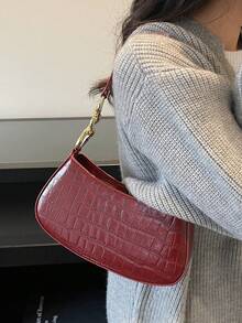 新款时尚纯色PU女士手提包，多功能优雅腋下包/单肩包，适合大学、通勤、购物、散步、日常使用 - 酒紅色 - 查看 4
