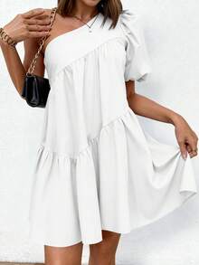 Women's Summer Puffy Sleeve Loose Layered A-Line Fringe Short Dress Casual One Shoulder Dresses - 白色 - 查看 5