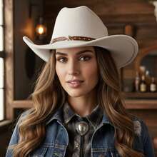 Western Style Cowgirl Cap Stylish Pentagram Leather Belt Decorated Wide Brimmed Fedora Hat For Men Women Outdoor Wear - trắng - Xem 4