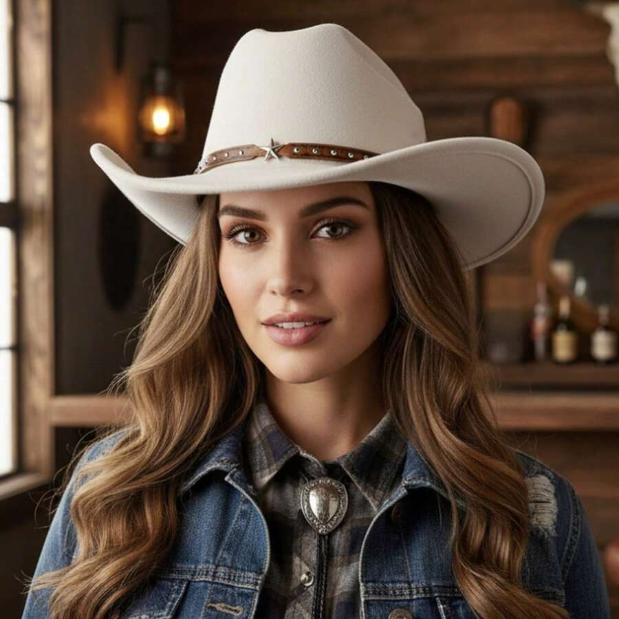 Western Style Cowgirl Cap Stylish Pentagram Leather Belt Decorated Wide Brimmed Fedora Hat For Men Women Outdoor Wear - màu trắng nhạt - Xem 1