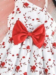 Summer Baby Girl Cute Floral Print Bow Decor Strap Dress - Red - View 5