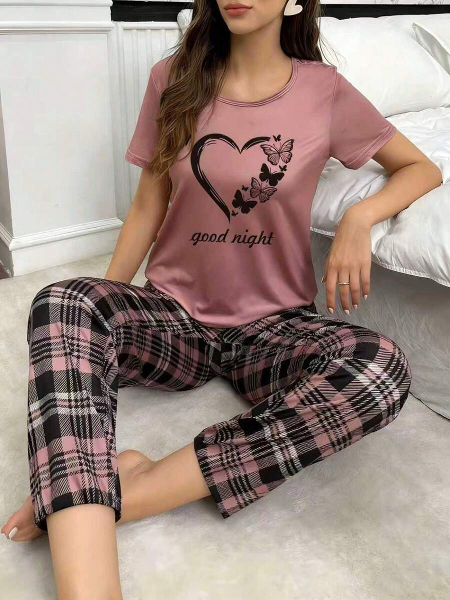两件套心形印花粉色短袖格子裤睡衣套装，女士休闲家居服 - 粉色 - 查看 1