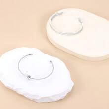 Set Of 2 Luxury Women's Bracelets: Heart-Shaped Knot Bracelet + Plain Metal Bracelet - 銀色 - 查看 4