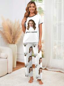 Printstory Customized Women's Short Sleeve Pajama Set, Monogrammed Loungewear Set - White - View 4