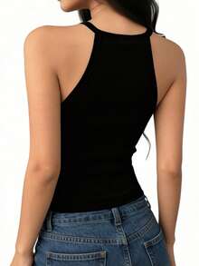Women's Solid Color Fitted Cropped Camisole - Black - View 3