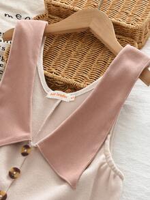 3-7 Years Old Girls Solid Color Long Sleeve Basic Top And Patchwork Collar Fashion Jumpsuit 2pcs Set Autumn Clothing Outfit - Pink - View 4
