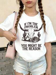 Denim-Style Printed T-Shirt, If I'm The Problem You Might Be The Reason. Creative Bull Head Desert Print Short-Sleeved T-Shirt, Suitable For Girls' Clothes, Fashionable Children's Short-Sleeved T-Shirt For Children Who Like Denim Style, Comfortable And Breathable Loose-Fitting Printed Children's T-Shirt. - White - View 2