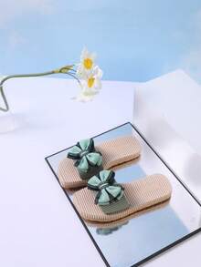 1 Pair Girls' Bow Tie, Suede Texture, Non-Slip, Open Toe, Single Strap Flat Sandals, Simple And Sweet Style, Suitable For Community Walks And Family Outings - Green - View 2