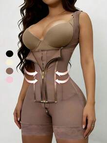 女士拉链前开式收腹塑身衣，提臀提臀，瘦腿塑形，高腰连体衣 - 摩卡棕 - 查看 1