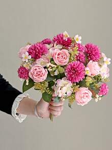 1 pieza/3 piezas Ramo de flores de rosa artificial Flores de peonía de tacto real para decoración del hogar, boda, fiesta, centro de mesa, Día de la Madre - Rosa Fucsia - Ver 2