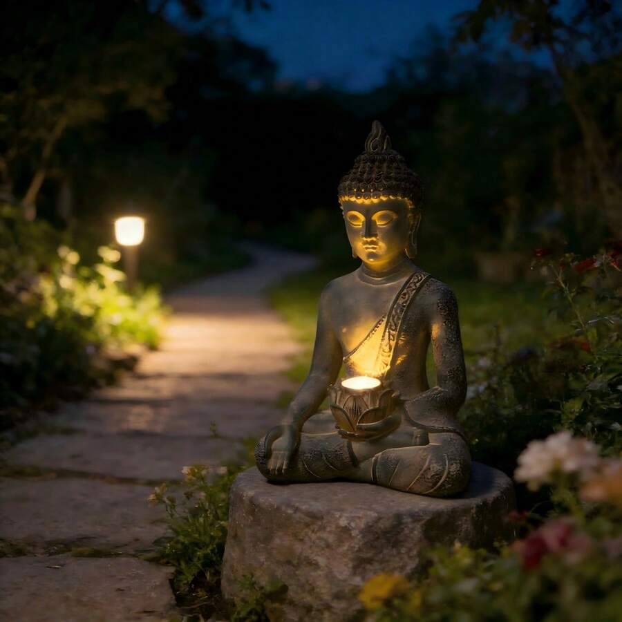 1pc Solar Powered Buddha Statue With LED Light, IP65 Waterproof, Meditation Pose Buddha Statue, Suitable For Garden, Lawn, Home Or Outdoor Decor - Multicolor - View 1