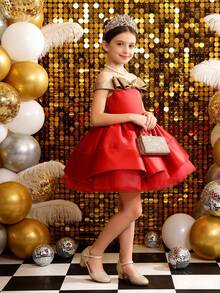 Vintage Elegant Red Transparent Strap Gold Bow Multilayer Tulle Maxi Dress For Girls, Suitable For Wedding, Prom, Banquet, Coming Of Age Ceremony, Birthday, Party, Christmas, Bridal, Graduation, Evening Gown - Đỏ - Xem 2