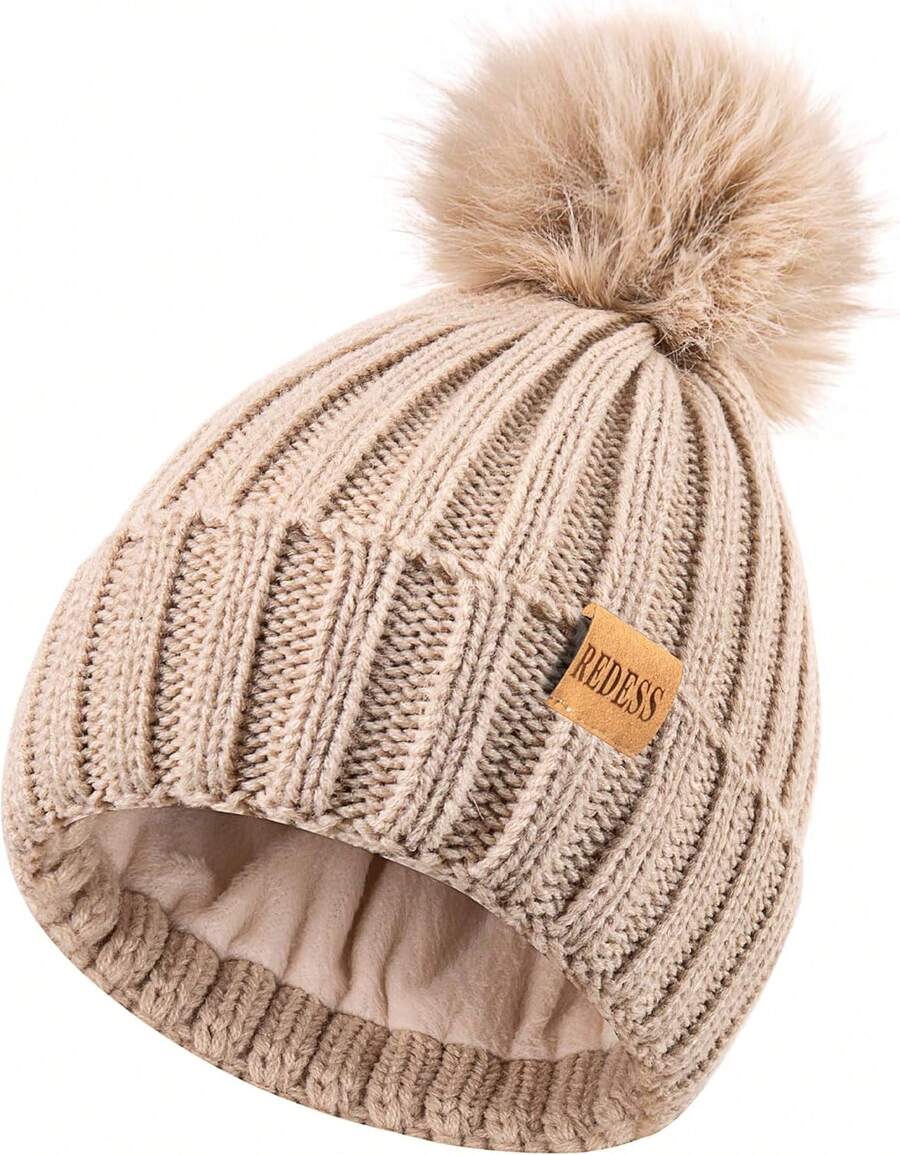 REDESS Womens Winter Knitted Beanie Hat Warm Fleece Lined With Pompom Cap Thick Slouchy Snow Knit Skull Ski Cap - 燕麥 - 查看 1