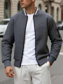 Men's Bomber Jacket Lightweight Casual Stylish Fashion Jacket Varsity Coat With Zipper - 灰色 - 查看 2