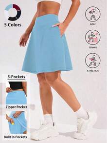 20英寸女士半身裙，5个口袋，高腰长款运动网球裙、高尔夫裙，休闲夏季旅行裙 - 薄荷藍 - 查看 10