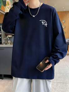 Minimal Logo T-Shirt, Casual, Long Sleeve, Street Style, Unisex, Perfect For Transitional Seasons, Spring, Early Fall, And Everyday Wear. 100% Cotton. Stylish. - 藏蓝色 - 查看 2