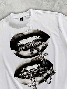 100% Cotton Suitable For All SeasonsManfinity  Men's Lip Print Round Neck Short Sleeve Cropped Loose T-Shirt Mouth Graphic Tee Streetwear180g 100% Cotton - 白2 - 查看 2