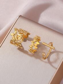 3pcs Minimalist Leaf Open Ring Set, Stainless Steel, Suitable For Women, Daily Wear & Gift - Gold - View 5