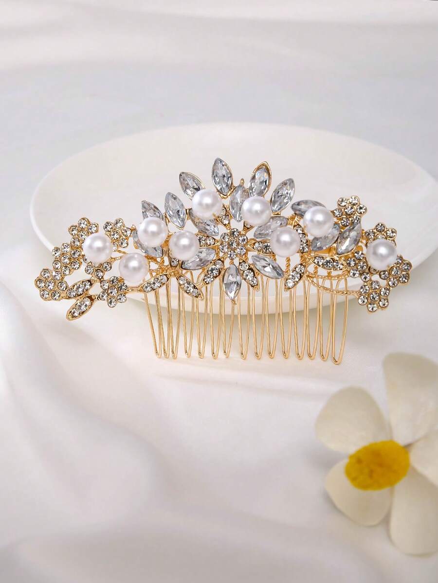 1件优雅梅花新娘发梳，高贵公主头饰，女士舞会、生日派对、婚礼、摄影配饰，合金镶钻新娘首饰，婚礼装饰，角色扮演道具，情人节配饰 - 金色編織020 - 查看 1