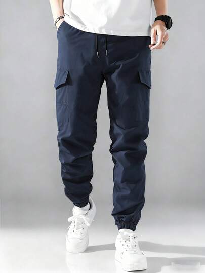 Pantalon cargo léger multipoches uni pour homme, coupe fuselée à la mode, idéal pour la randonnée et les activités de plein air.