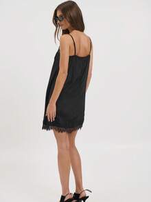 Women Silk Lace Trim Cami Tops Y2k Spaghetti Strap Silky Slip Dress Y2k Backless Going Out Camisole - 黑色 - 查看 6
