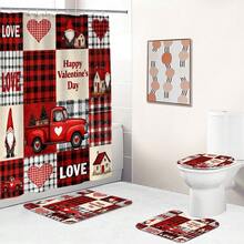 Conjunto multifuncional para banheiro com cortina de chuveiro, estampa xadrez e corações com a palavra "LOVE" (1 peça, 3 peças ou 4 peças), 12 ganchos inclusos, tapete de banheiro, tapete em formato de U e tapete redondo para vaso sanitário, perfeito para qualquer ocasião. Ideal para o Dia dos Namorados.