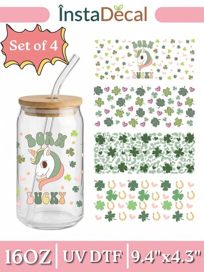 4pcs/Set St. Patrick's Day Magic Unicorn UV DTF Cup Decals, Fit For 16oz Glass Cups, Vintage "Lucky" Quote Transfer Stickers, Cute Green Leopard Print And Horseshoe Patterns