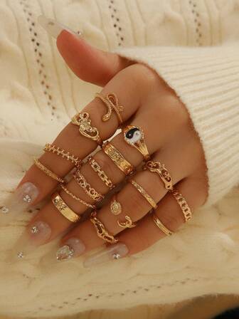 16ชิ้น/เซ็ต แหวนกลวงลายปากัวงูและเรขาคณิตอเนกประสงค์, เครื่องประดับแหวนนิ้วมือหลายข้อต่อสไตล์วินเทจ เหมาะสำหรับผู้หญิงสวมใส่ทุกวัน, งานปาร์ตี้, ของขวัญ, เครื่องประดับ