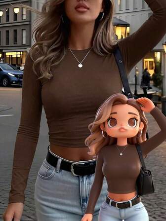 Women's Solid Color Round Neck Long Sleeve Cropped Fitted Long Sleeve T-Shirt, Suitable For Spring, Autumn And Summer