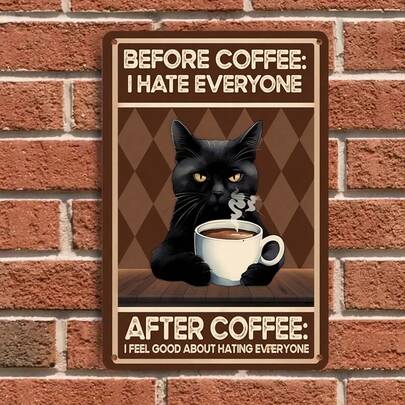 1 pezzo Targa in stile vintage con gatto nero divertente, decorazione per la casa adatta per cucina, sala da pranzo, caffetteria, ufficio - opera d'arte da appendere con citazione umoristica e motivo gatto carino