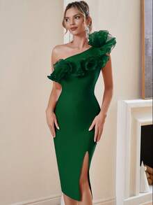 One-Shoulder Ruffle Slit Bandage Bodycon Cocktail Dress, Suitable For Cocktail Party - Green - View 4