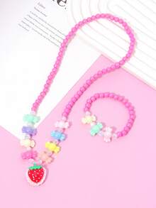 2pcs/Set Girls Cute Candy & Strawberry Pendant Pearl Beaded Bracelet, Necklace Jewelry Set, Suitable For Holiday Party, School, Birthday Gift, Random Color - Multicolor - View 4