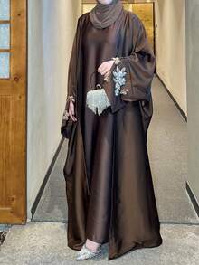 Embroidery & Beading Satin Cardigan Abaya 3D Butterfly Embroidery Kimono Minimalist & Elegant Cardigan Abaya - Brown - View 6