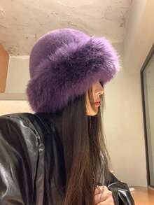 Women's Fashionable Plush Bucket Hat, Available In Multiple Colors, Solid Color Polyester Fleece, Warm And Thickened, Fleece Ear Flap Bucket Hat, Versatile, Casual, Elegant, Bohemian Retro Street Style, Perfect For Autumn And Winter Outfits, And Makes A Great New Year's Or Christmas Gift. - Purple - View 1
