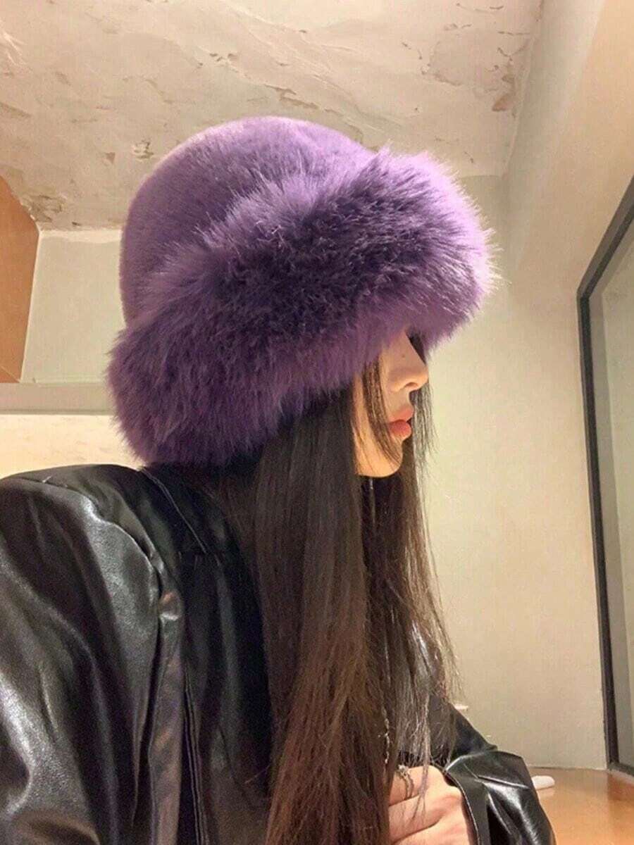 Women's Fashionable Plush Bucket Hat, Available In Multiple Colors, Solid Color Polyester Fleece, Warm And Thickened, Fleece Ear Flap Bucket Hat, Versatile, Casual, Elegant, Bohemian Retro Street Style, Perfect For Autumn And Winter Outfits, And Makes A Great New Year's Or Christmas Gift. - Purple - View 1