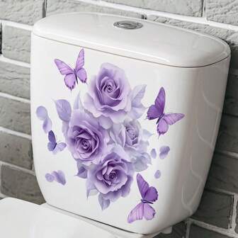 1pc Dreamy Purple Rose & Butterfly Toilet Sticker, Waterproof Bathroom Floral Decor Sticker