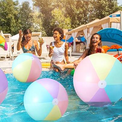 15.75英寸马卡龙色充气沙滩球，PVC材质，户外游戏玩具球，派对装饰品，适合生日派对氛围装饰，可用作礼物和拍照道具（赠送随机颜色气泵）