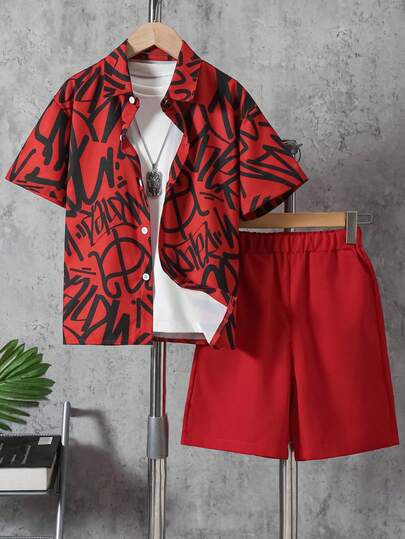 Boys' Casual Fashion Lightweight Letter & Graffiti Print Shirt Collar Short Sleeve Shirt & Solid Shorts Set, Spring/Summer