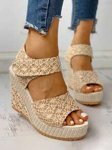 Women's Lace Wedge Sandals: Elegant Bohemian Shoes Suitable For Summer And Daily Styles, Comfortable Lace Wedge Sandals: Black/Beige Shoes - Beige - View 3
