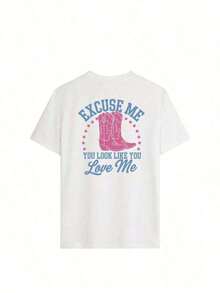 EXCUSE ME Ladies' Summer Street Red Boot Pattern Personalized Print Pattern Round Neck T-Shirt Western Style Clothing Women's Top. Graphic Tees Women Pink Top-White And Navy Off-The-Shoulder Cropped Top- Unisexideal Para Amigos - 白色 2 - 查看 4