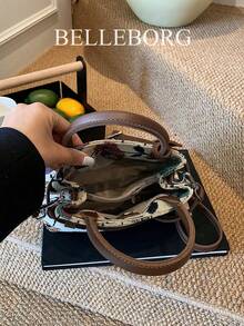 BELLEBORG 女款高級休閒撞色通勤復古帆布扣環百搭小方包手提包 - 咖啡 - 查看 9