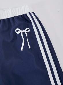 女童时尚休闲新款两件套，蝴蝶结印花，吊带上衣搭配侧条纹裤，适合夏季户外活动、日常聚会、旅行等。 - 寶藍色 - 查看 7