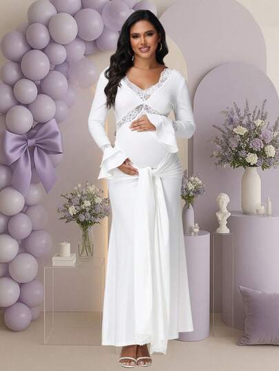 JustVH Đầm bầu dài ôm sát, phối ren, xếp ly, buộc dây, thích hợp dự tiệc hoặc chụp ảnh kỷ niệm cho buổi tiệc mừng em bé sắp chào đời.