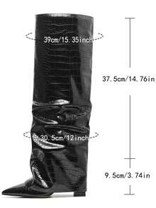 Women Shark Boots Knee High Fold Over Ruched Slouchy Chunky High Heel Pointed Toe Sexy Party Club Office Lady Winter Shoes - 黑色鱷魚紋 - 查看 7