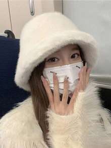 1pc Women's Autumn/Winter Faux Fur Bucket Hat, Thick Wide Brim, Korean Style, Face-Framing Small Fur Hat